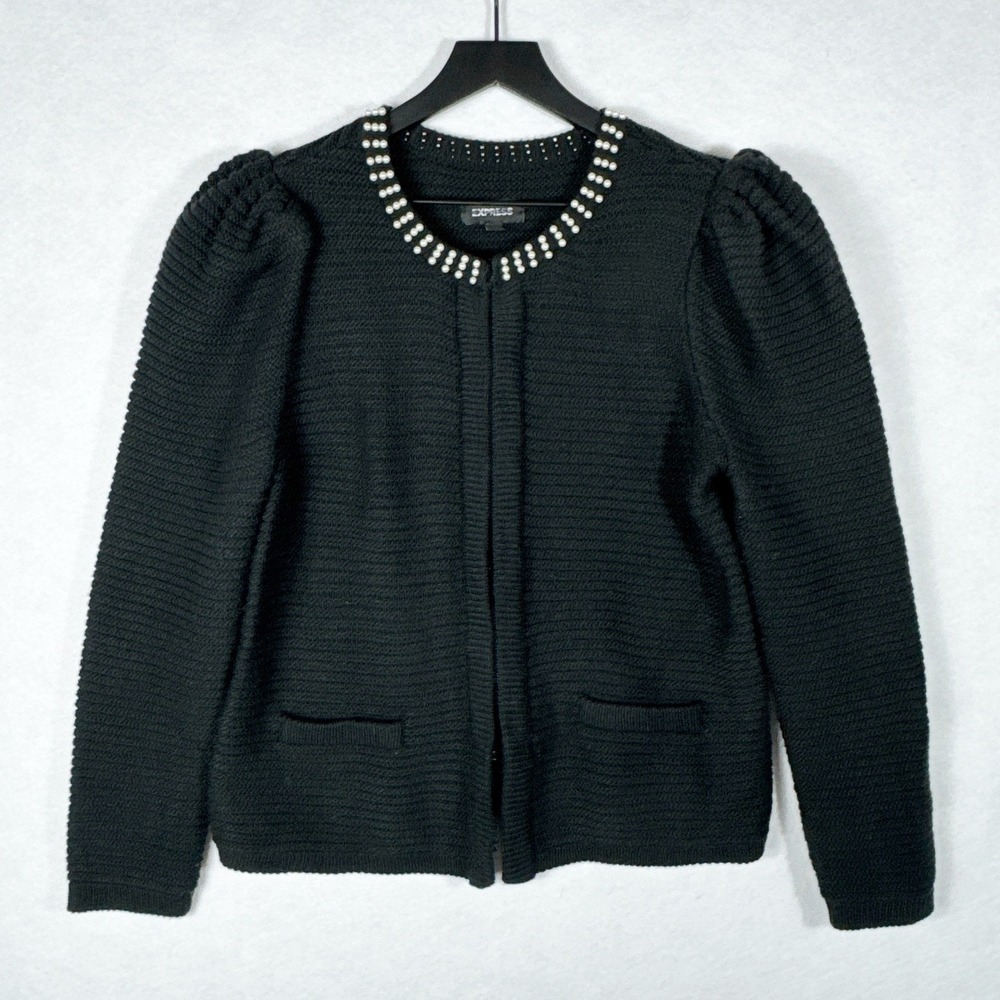 Express Womens Black Pearl Embellished Puff Shoulder Cardigan Sweater Large
